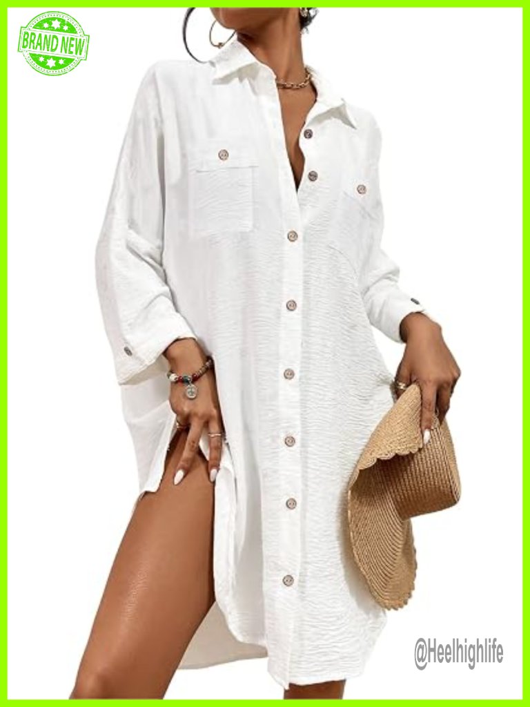 Womens Modern Swimsuit Cover Up Blouse Button Down Long Sleeve Beach Shirt
